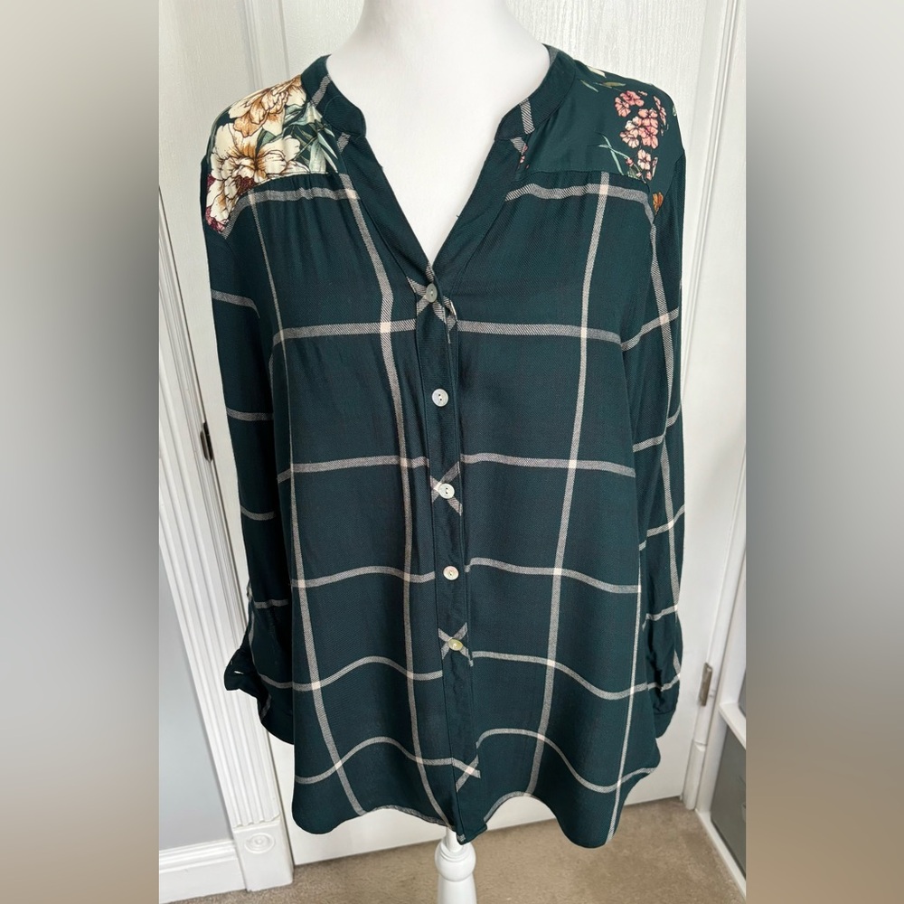 Figueroa & Flower Long Sleeve Green Floral Plaid Button Up Blouse Shirt Size XL